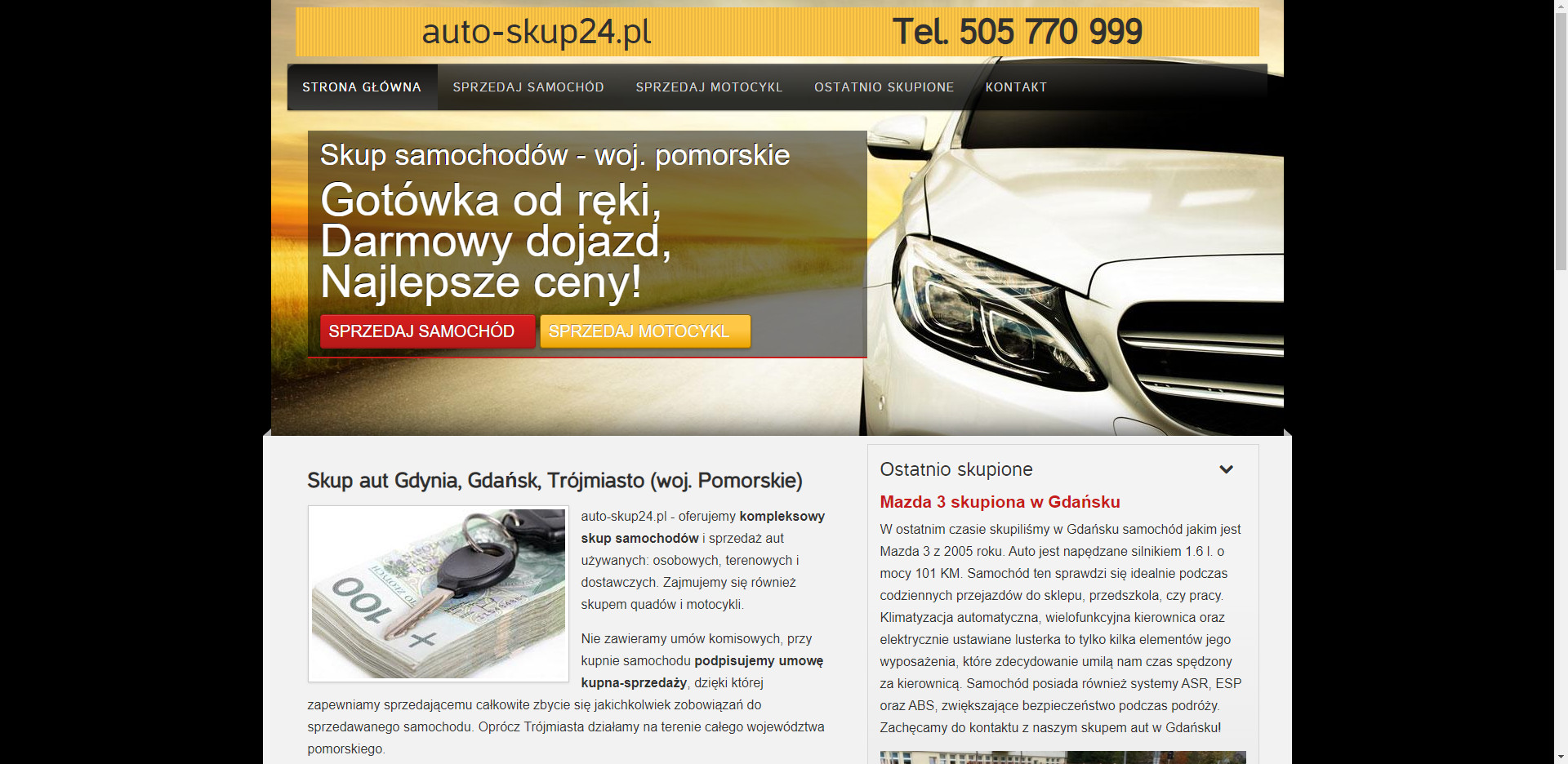 Strona internetowa należąca do firmy Skup aut Gotówka